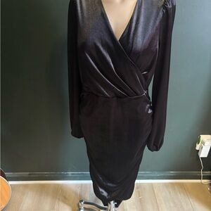 Velvet corporate goth midi dress with gathered hem and long slight puff sleeve.